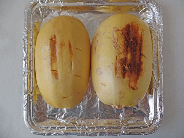Roasted spaghetti squash halves.