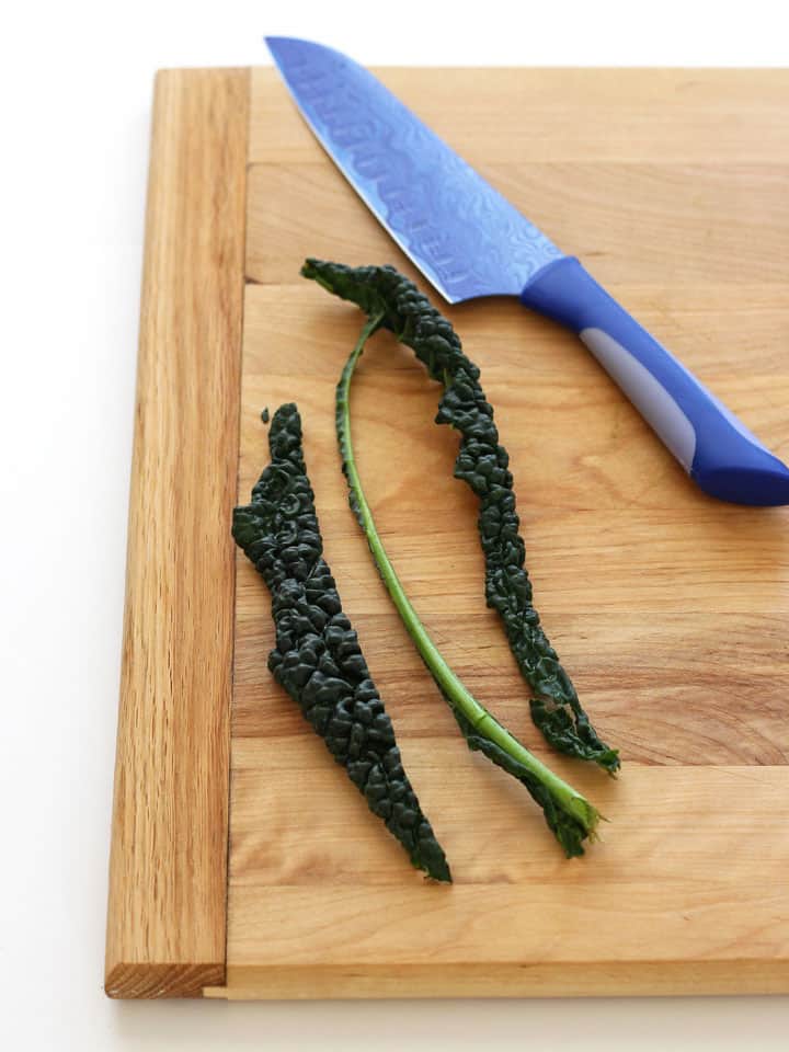 Leaf of kale with rib sliced away with a knife.