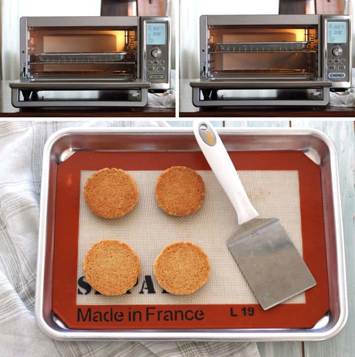 Open toaster oven showing different rack placements and sheet pan of baked sugar cookies.