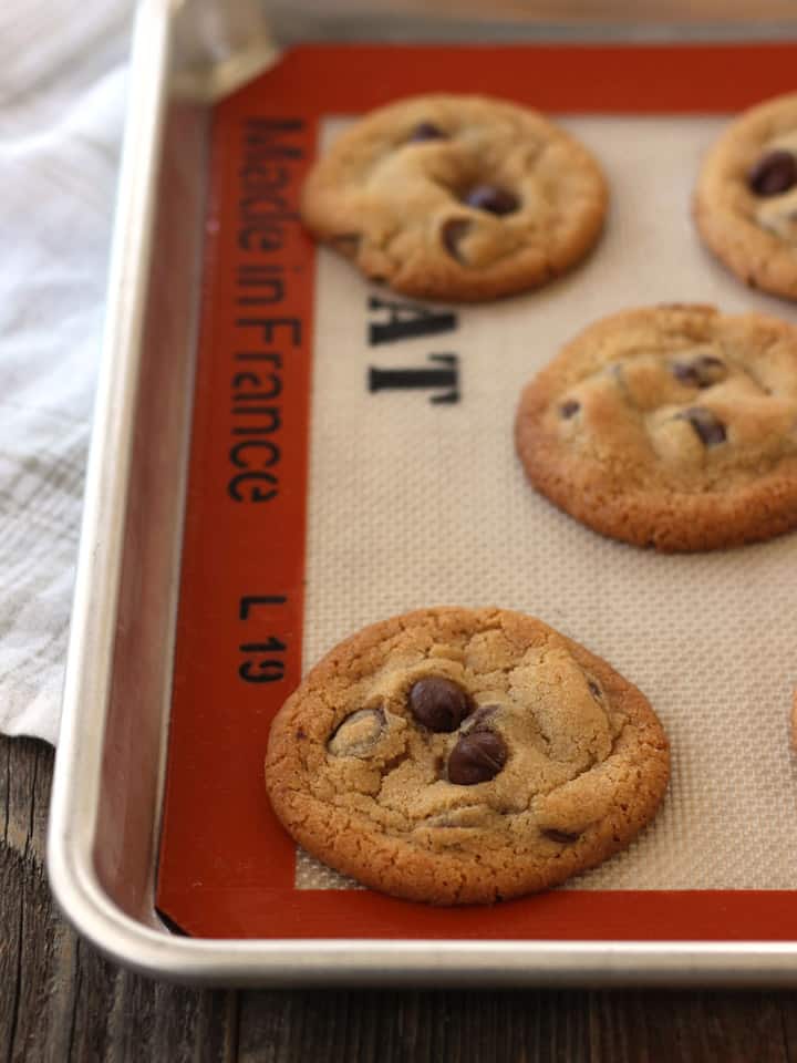 Baked chocolate chip cookies.