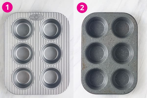 Overhead view of 6-cup metal muffin tins.