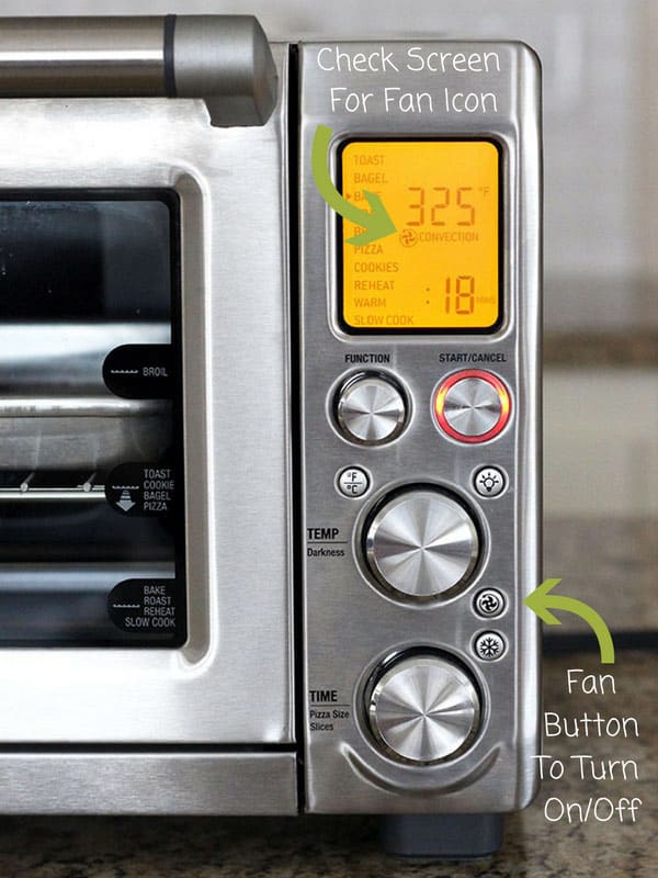 Toaster oven control panel with arrows pointing to convection fan graphic on screen and fan button.