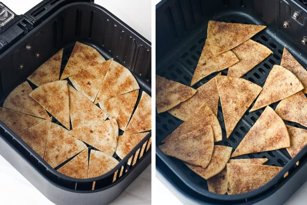 Baked and unbaked chips in an air fryer basket.
