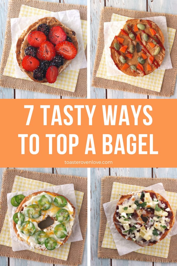 Four bagels topped with fresh fruits and veggies.