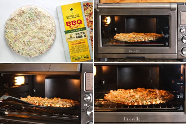 Grid of steps for baking frozen pizza.