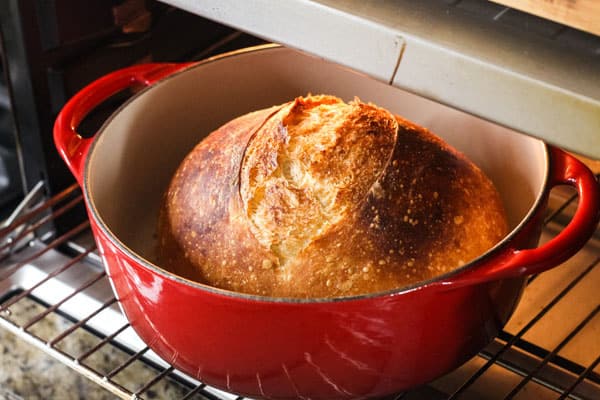 Small bread in dutch oven inside a countertop oven.