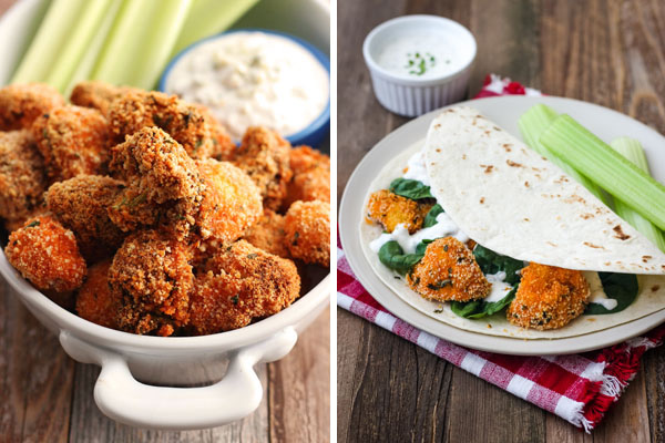 Veggie bites in a serving dish and wrapped in a tortilla.