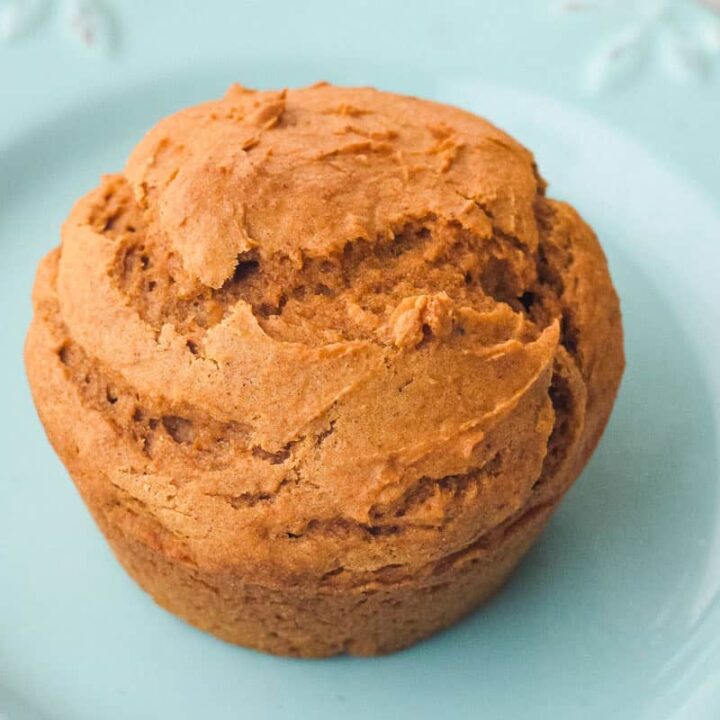 Closeup of baked cake mix pumpkin muffin.