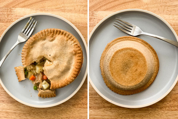 First Photo: Pot pie with fork on a blue plate. Second Photo: Browned bottom of pot pie on plate.