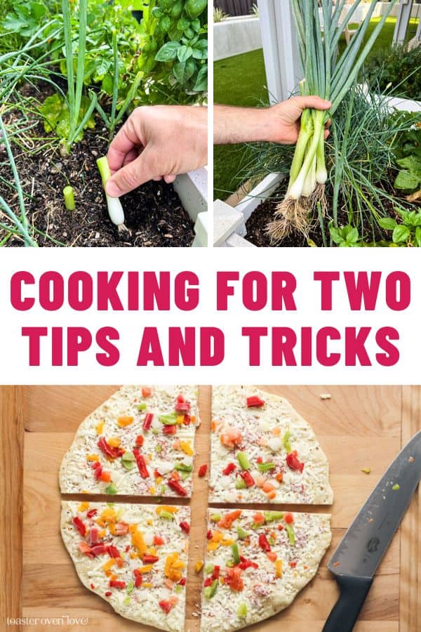 Replanted green onion scraps and frozen pizza sliced into quarters.