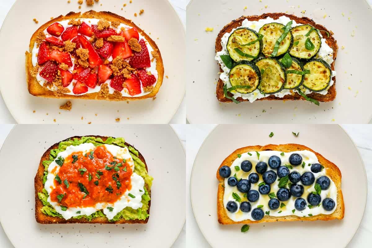 Strawberry cheesecake toast, zucchini toast, avocado cottage cheese toast, and blueberry lemon toast in a grid.