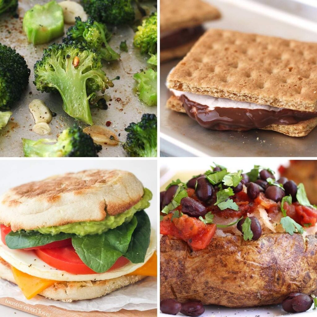 Roasted broccoli, s'mores, breakfast sandwich, and baked potato.