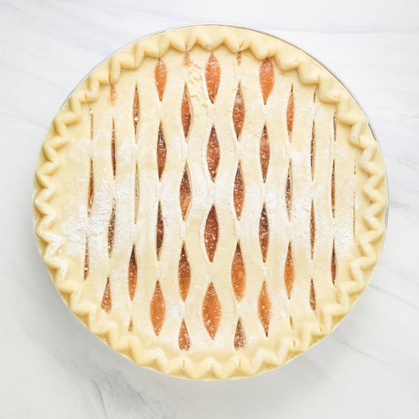 Overhead view of frozen apple lattice pie.