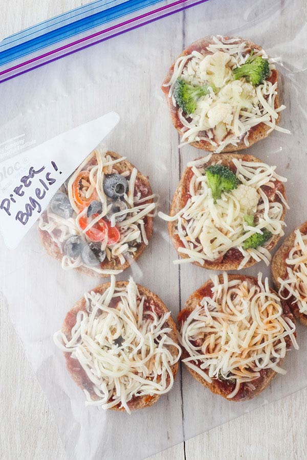 Frozen mini bagel pizzas in a plastic bag.