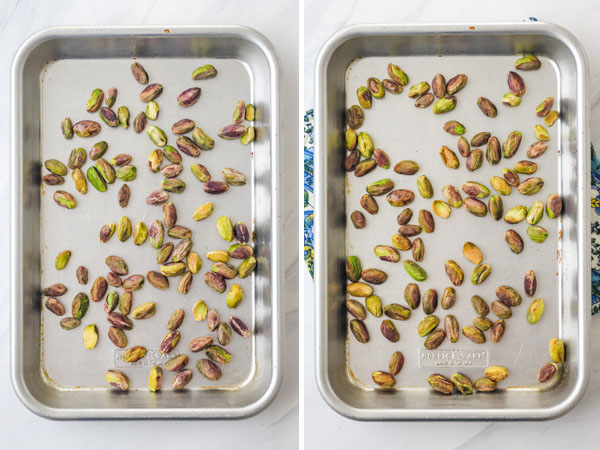 Raw and toasted pistachios on baking sheets.
