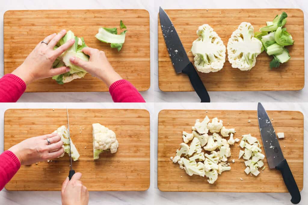Overhead view of coring and cutting up a head of cauliflower on a cutting board.