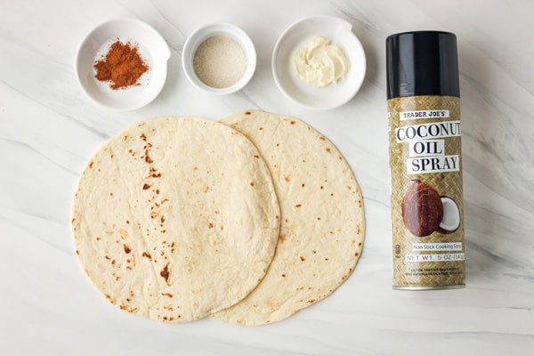 Tortillas, coconut oil spray, butter, cinnamon, and sugar