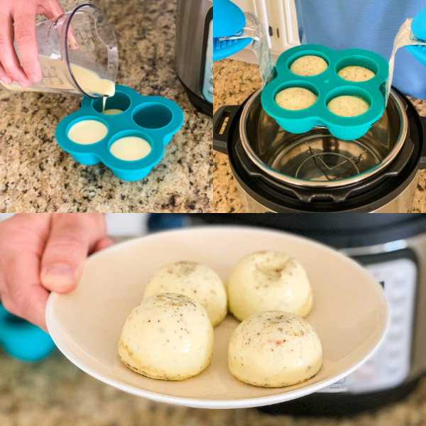 Blue egg bites mold and cooked egg bites on a plate.