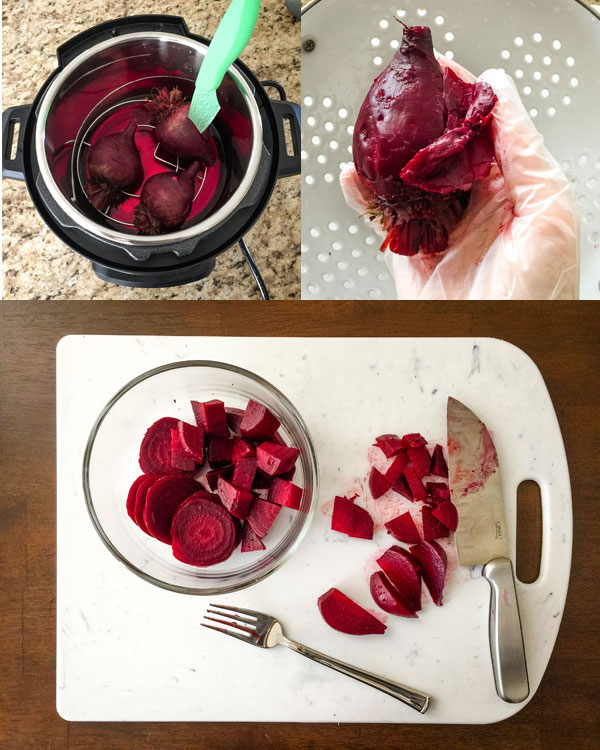 Beets inside an instant pot with a knife in one and beet with skin partially removed.