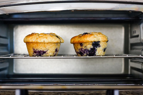 Two blueberry muffins on a rack inside a toaster oven.