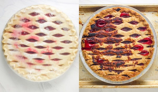Overhead view of frozen pie and burnt pie side by side.