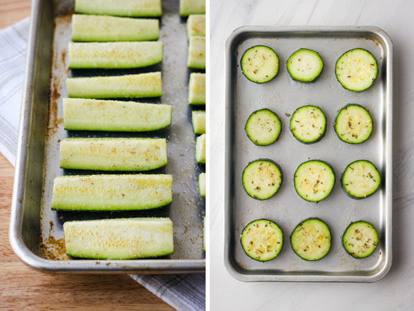 Collage of metal baking sheets with raw zucchini wedges and zucchini rounds.