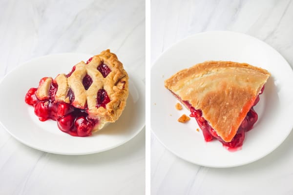 Pie slice on plate and close up of browned bottom crust.