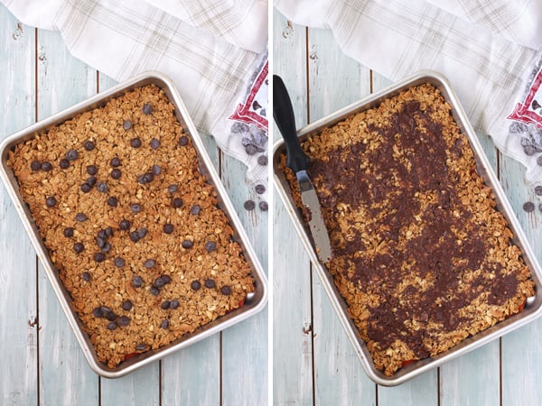 Warm small batch peanut butter granola cooling in a pan.
