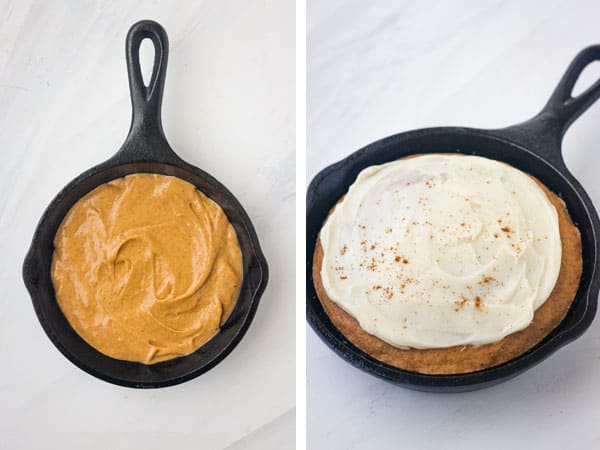 Mini cast iron skillet with cake batter and a frosted mini pumpkin skillet cake.