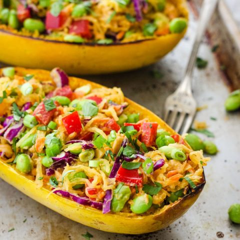 Spaghetti Squash Bowls on a metal sheet pan.