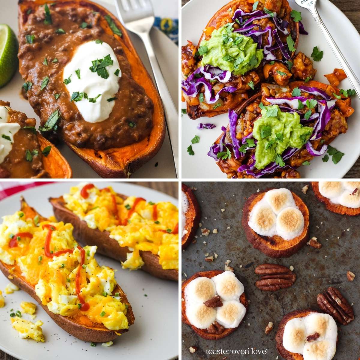 A variety of baked sweet potatoes topped with marshmallows, scrambled eggs, lentils, and bbq tempeh.