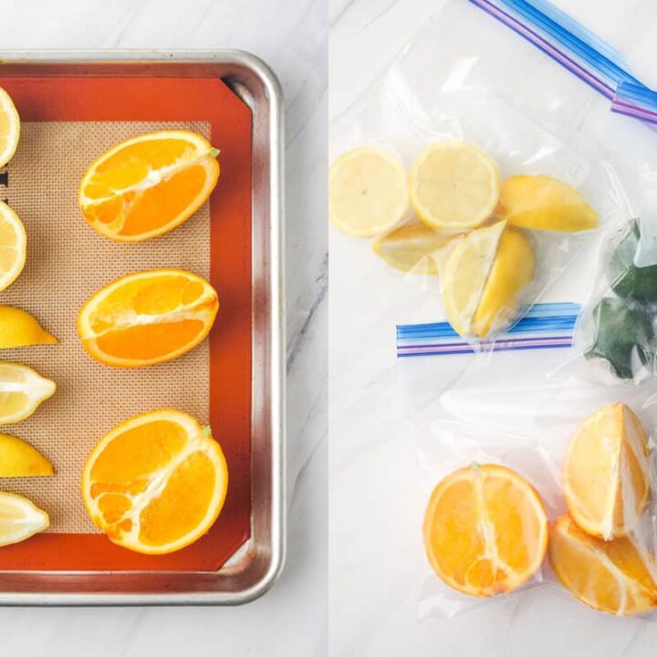 Lemon and orange wedges and halves on a lined pan and bags of frozen lemon, limes, and oranges.