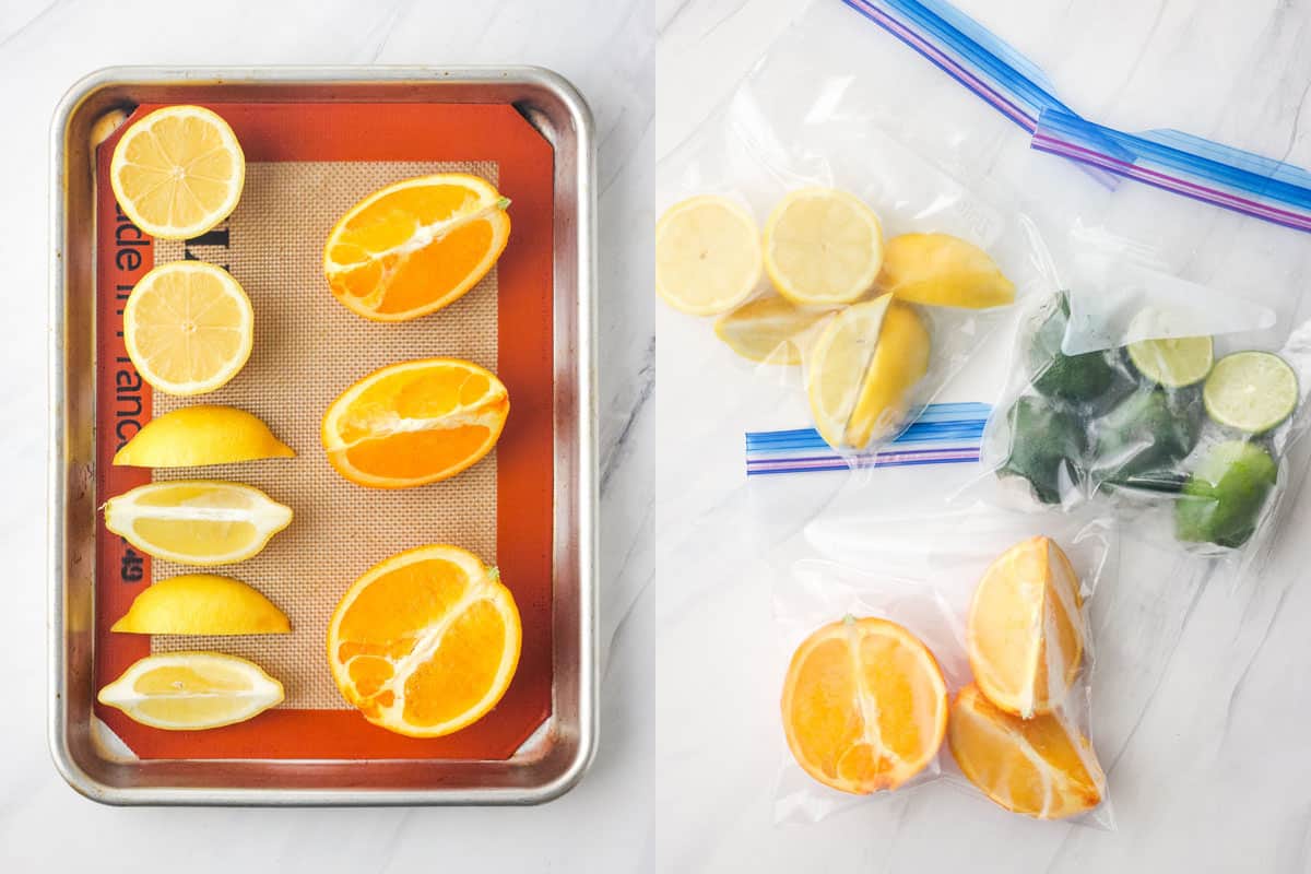 Lemon and orange wedges and halves on a lined pan and bags of frozen lemon, limes, and oranges.