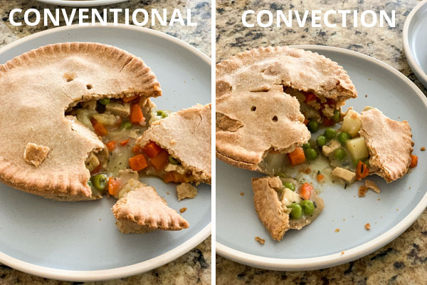 Two blue plates with individual pot pies.