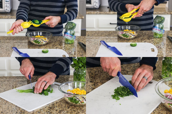Four photos of hands chopping cilantro and squeezing lime juice.