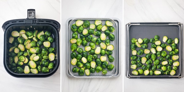 One pound of Brussels sprouts in a variety of air fryer baskets.