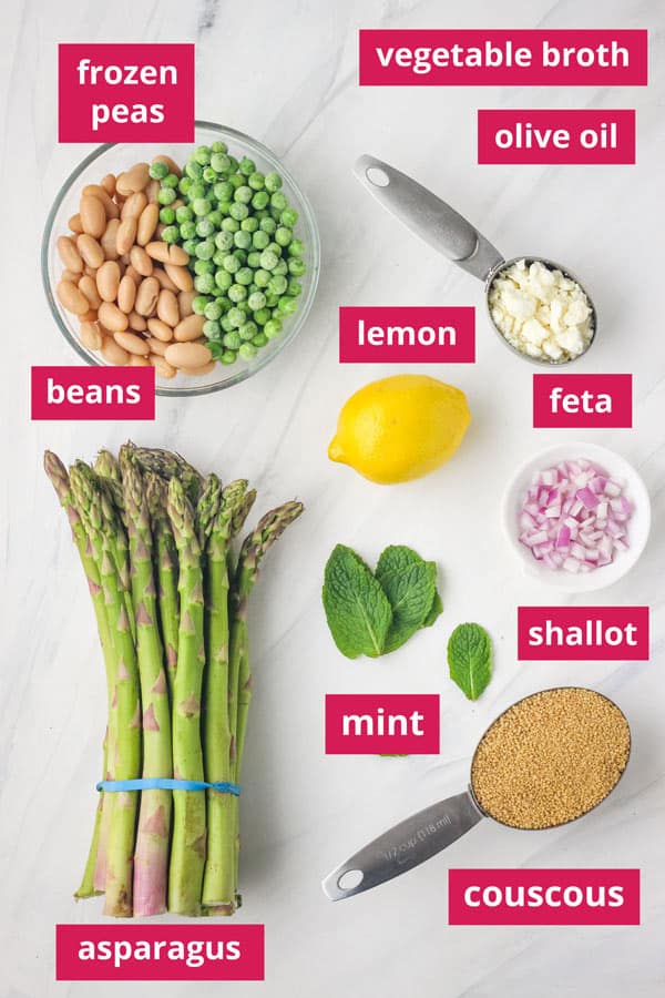 Recipe ingredients arranged on a table and labeled.