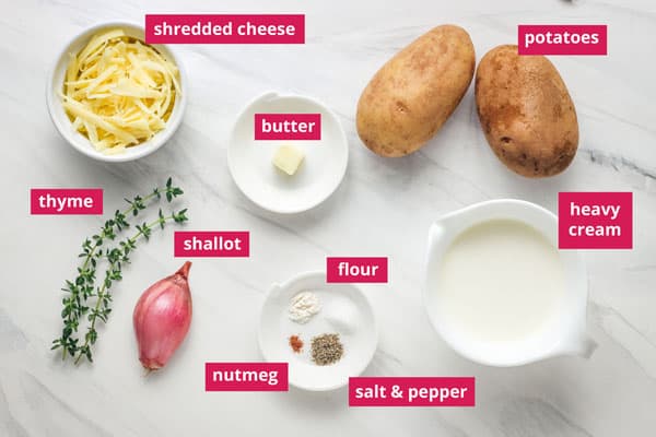 Recipe ingredients arrange on a counter and labeled.