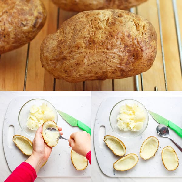 Baked potato on a rack and potato halves with middles scooped out.