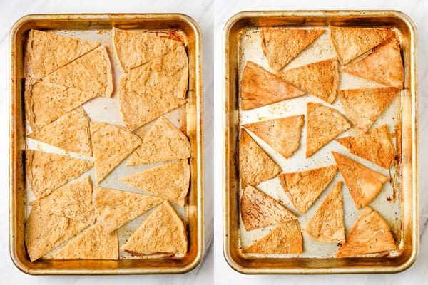 Pita bread wedges arranged on a sheet pan and baked until golden brown.