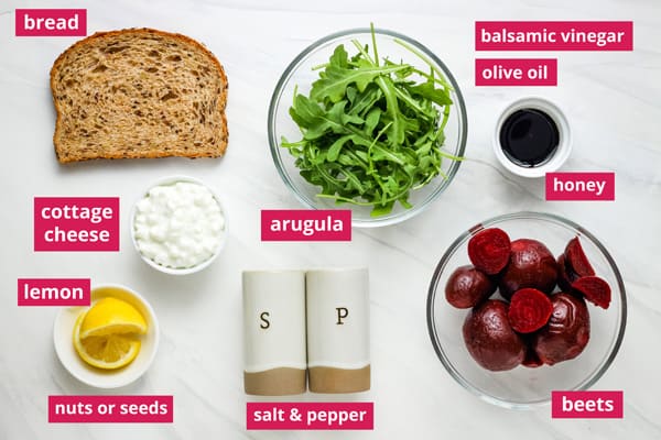 Recipe ingredients arranged on a table and labeled.