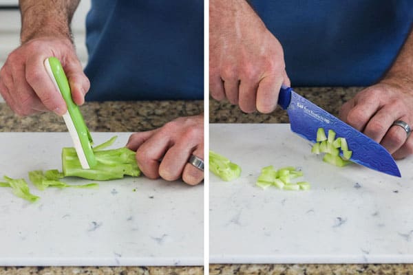Man peeling a broccoli stalk and chopping into small pieces.