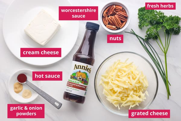 Recipe ingredients arranged on a table and labeled.