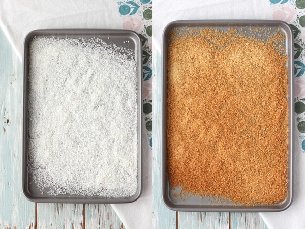 Finely shredded coconut raw and toasted.