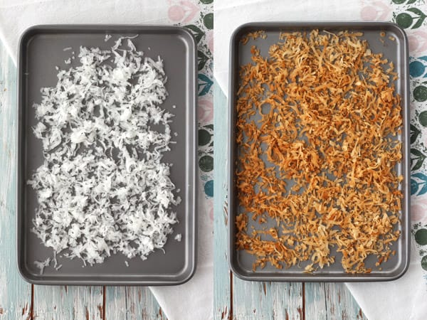 Sweetened shredded coconut raw and toasted.