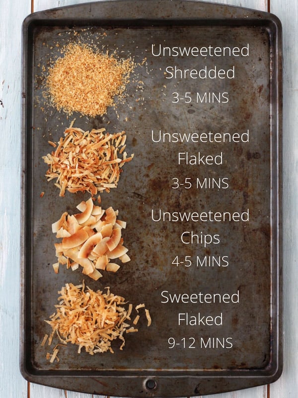 Variety of toasted coconut with cooking times.