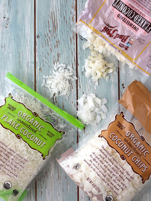 Bags of shredded and flaked coconut.