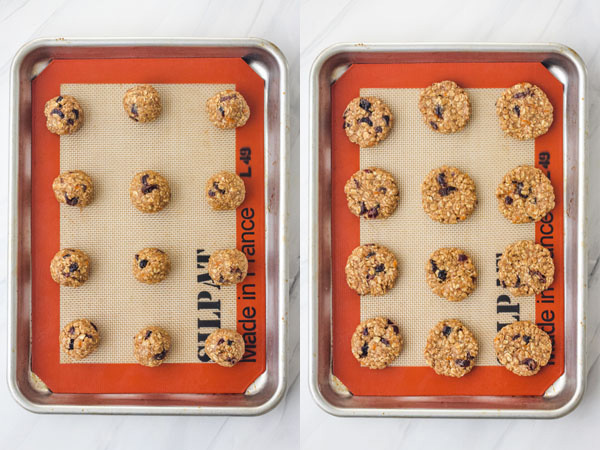 Toaster Oven Oatmeal Cookies Cookie dough on a quarter baking sheet.