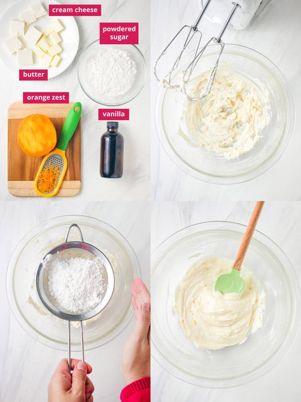 Cream cheese frosting ingredients and blended frosting in a glass bowl.
