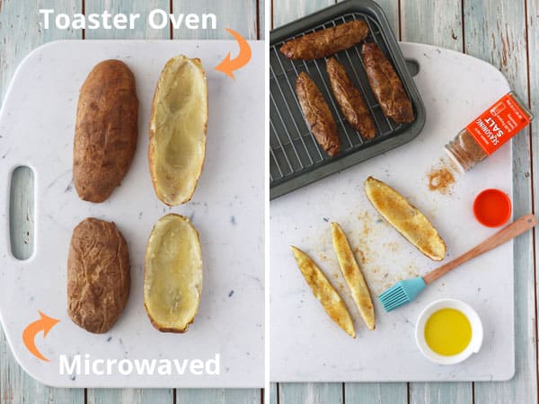 Scooped out baked potatoes and oiled strips on a baking sheet.